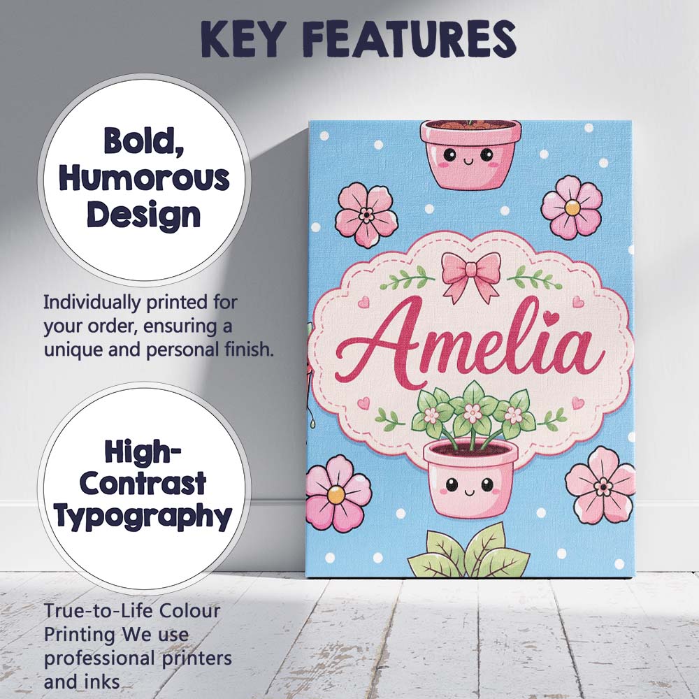 Personalised Name Cute Kawaii Floral Plants Custom Bespoke Interior Contemporary Canvas Wall Art Print Decor Picture Ready to Hang