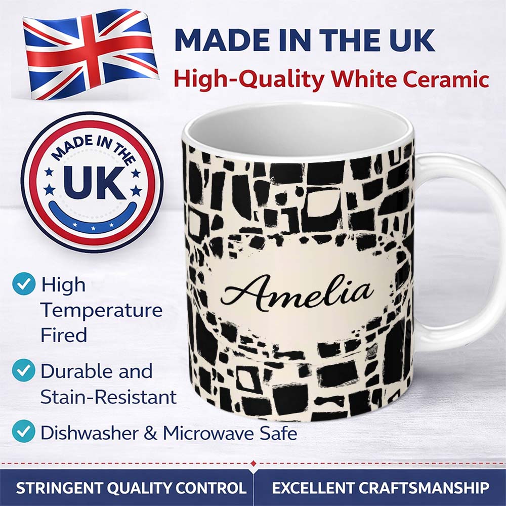 Personalized Custom Name Irregular Mosaic Tiles Black Cream Abstract Geometric Pattern Lovely 11oz Ceramic Coffee Tea Mug White Large Handle