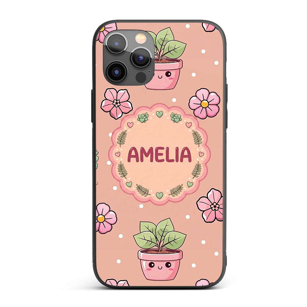 Cute Kawaii Floral Plants Peach Printed Design Custom Name Protective Phone Case Mobile Cover Durable Everyday Smartphone Shock Resistant