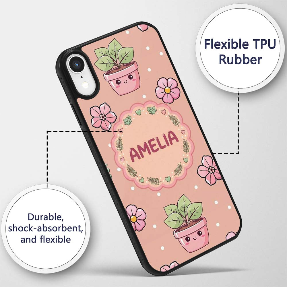 Cute Kawaii Floral Plants Peach Printed Design Custom Name Protective Phone Case Mobile Cover Durable Everyday Smartphone Shock Resistant
