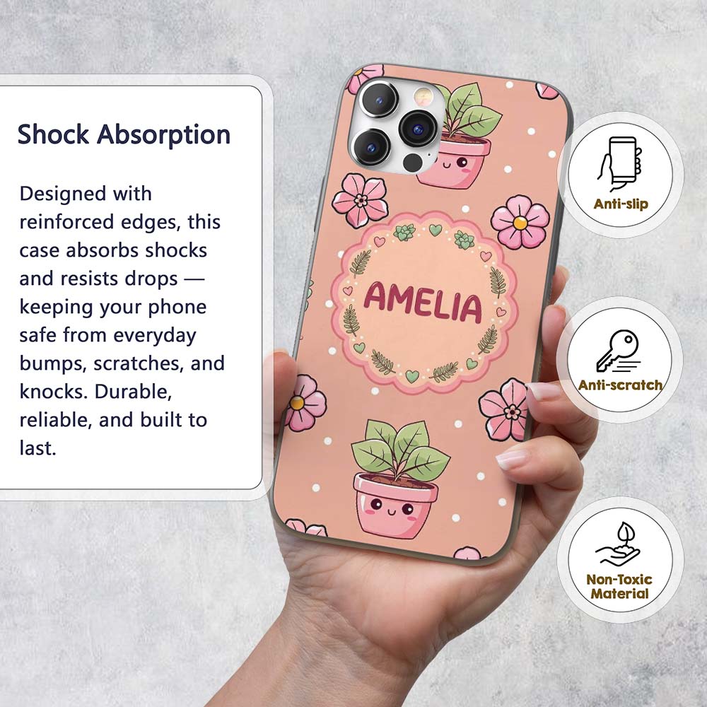 Cute Kawaii Floral Plants Peach Printed Design Custom Name Protective Phone Case Mobile Cover Durable Everyday Smartphone Shock Resistant