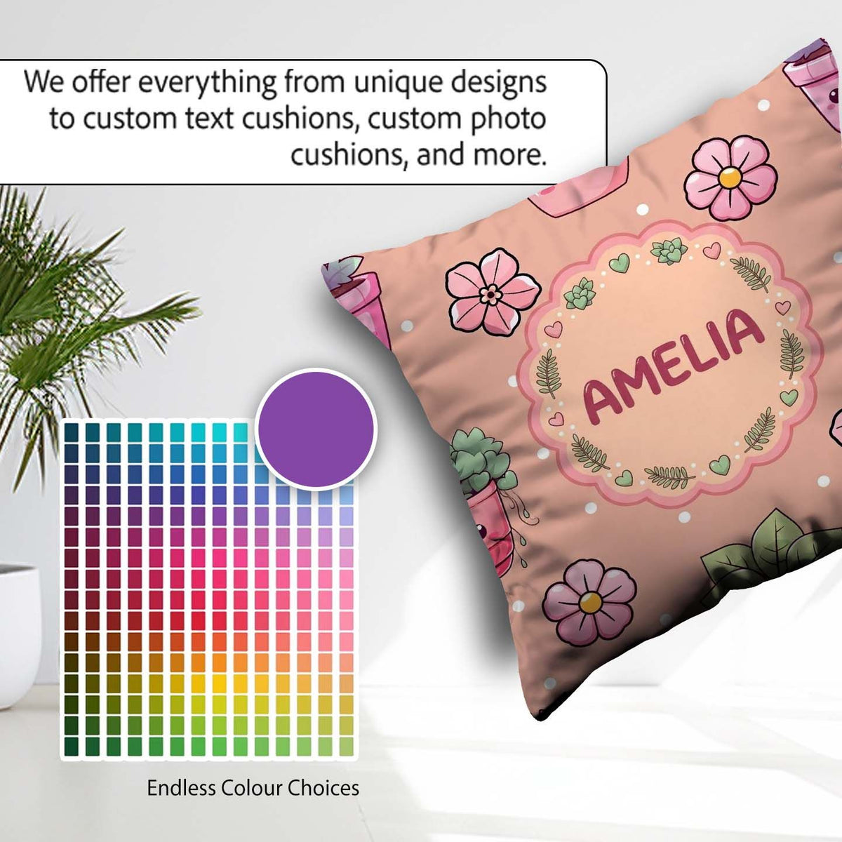 Custom Name Kawaii Floral Peach Background Seamless Pattern Name Square Filled Cushion Throw Pillow Sofa Bed Home Decor Zip Washable UK Made