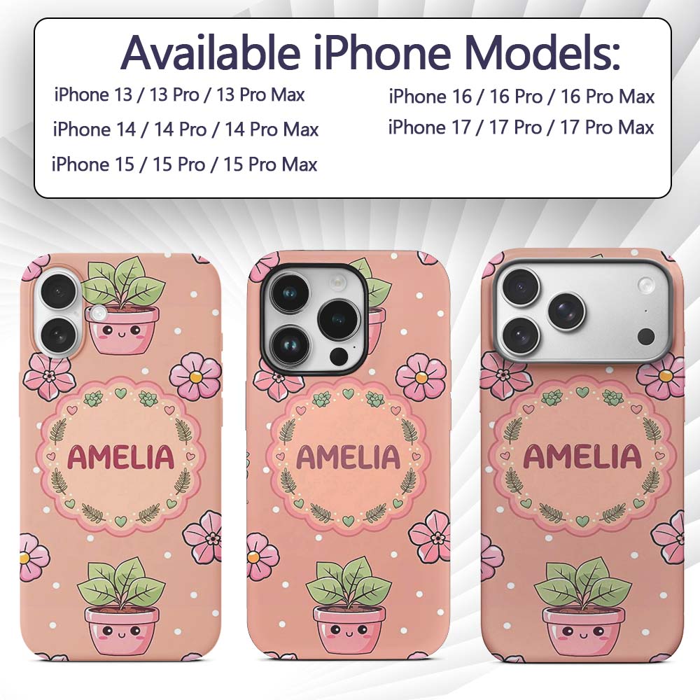Cute Kawaii Floral Plants Peach Printed Design Custom Name Protective Phone Case Mobile Cover Durable Everyday Smartphone Shock Resistant
