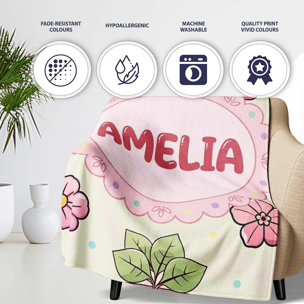 Cute Kawaii Floral Plants Cream Background Seamless Pattern Name Personalised Custom Name Super Soft Fleece Blanket Bed Sofa Throw