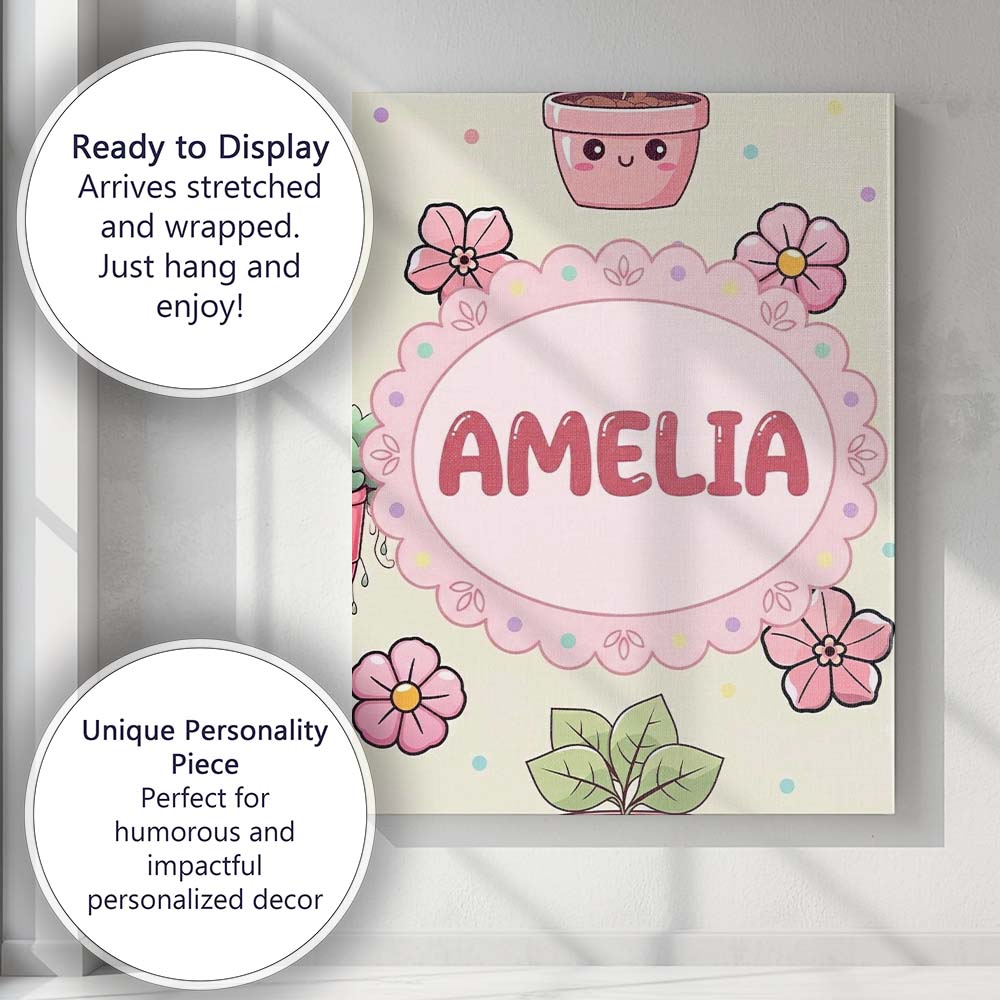 Personalised Name Cute Kawaii Floral Plants Custom Bespoke Interior Contemporary Canvas Wall Art Print Decor Picture Ready to Hang