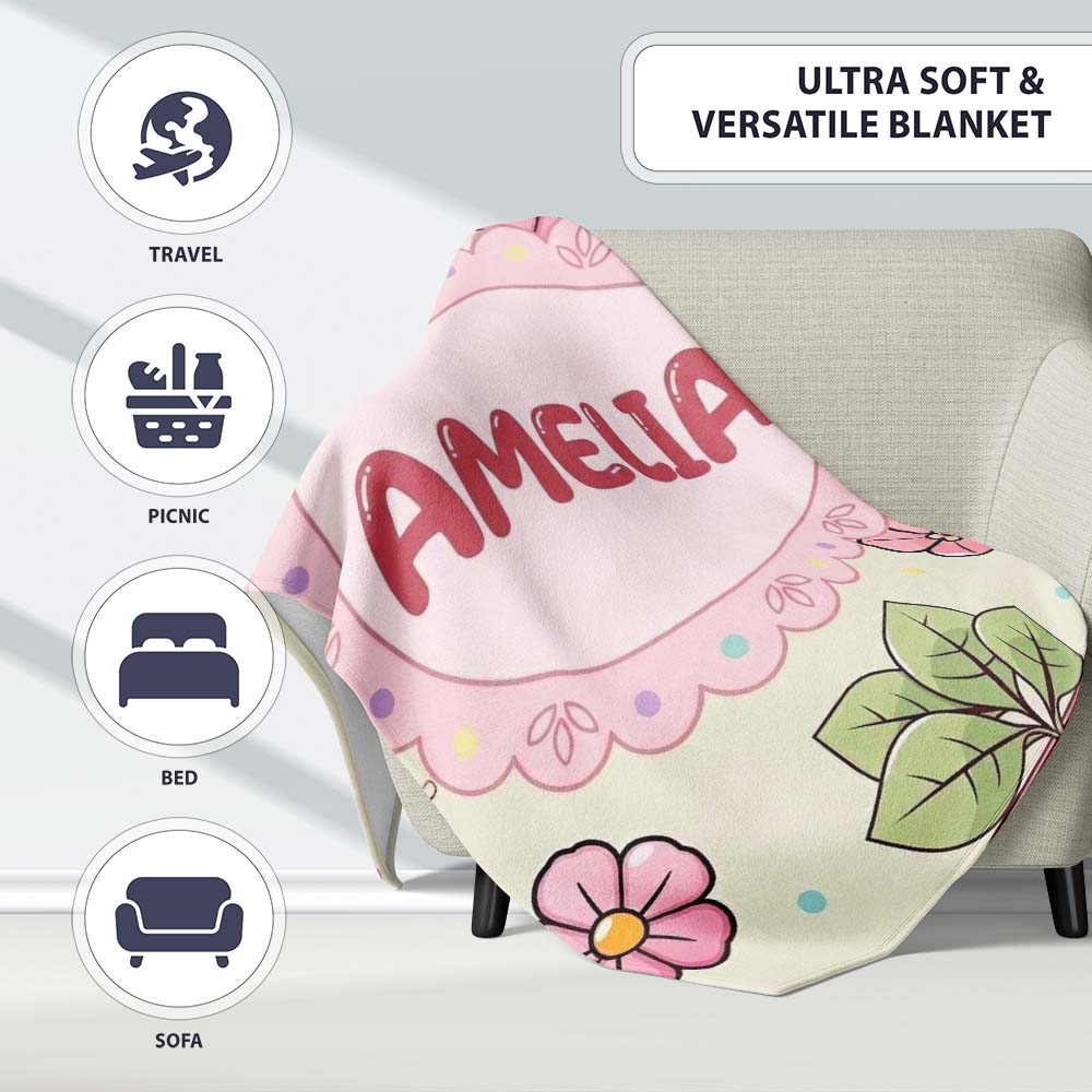 Cute Kawaii Floral Plants Cream Background Seamless Pattern Name Personalised Custom Name Super Soft Fleece Blanket Bed Sofa Throw