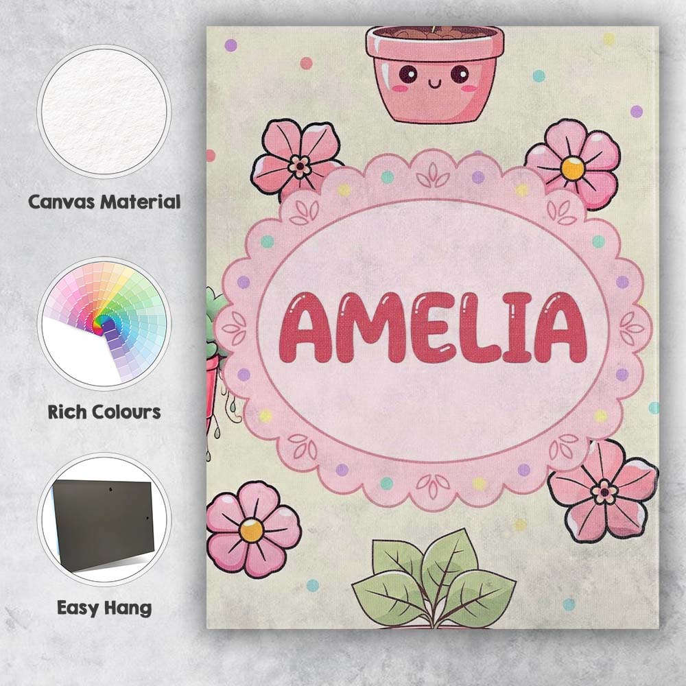 Personalised Name Cute Kawaii Floral Plants Custom Bespoke Interior Contemporary Canvas Wall Art Print Decor Picture Ready to Hang