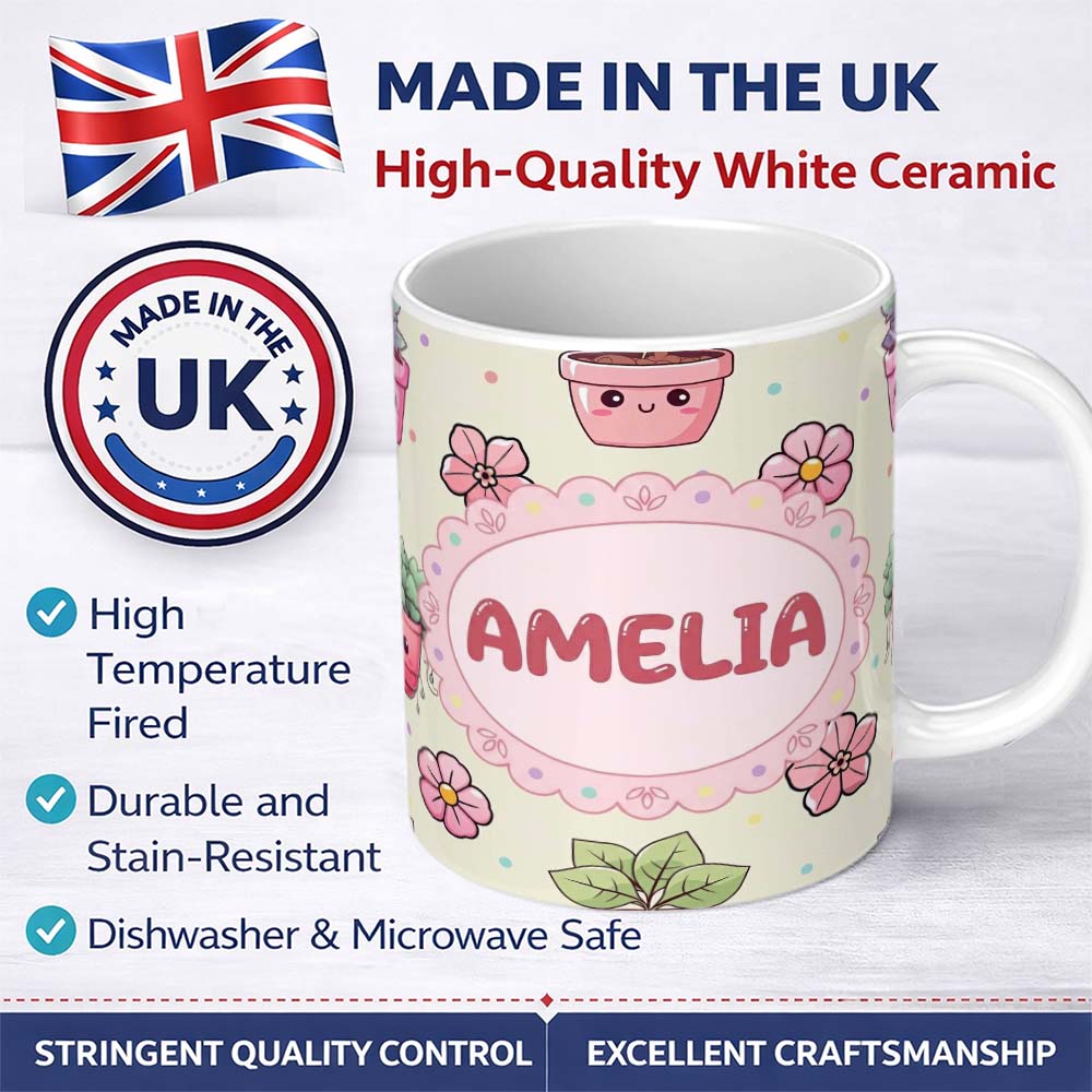 Personalized Custom Name Cute Kawaii Floral Plants Cream Background Seamless Pattern Name 11oz Ceramic Coffee Tea Mug White Large Handle