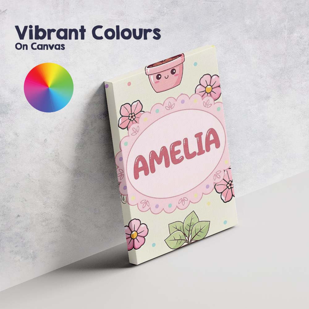 Personalised Name Cute Kawaii Floral Plants Custom Bespoke Interior Contemporary Canvas Wall Art Print Decor Picture Ready to Hang