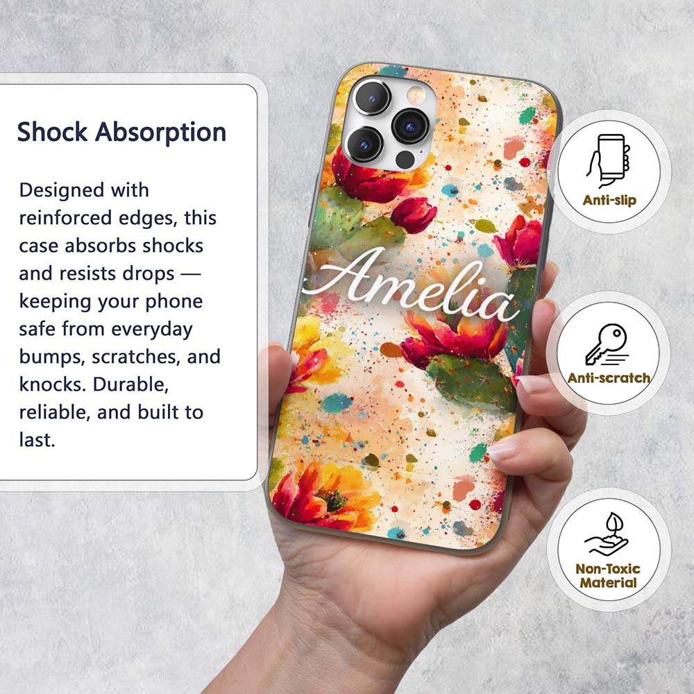 Bright Watercolor Cactus Flower Abstract Seamless Custom Name Protective Phone Case Mobile Cover Durable Everyday Smartphone Shock Resistant