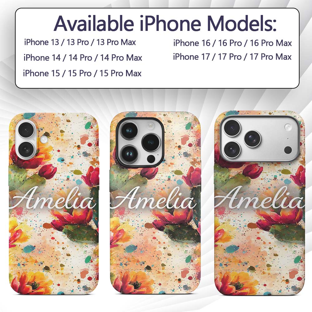 Bright Watercolor Cactus Flower Abstract Seamless Custom Name Protective Phone Case Mobile Cover Durable Everyday Smartphone Shock Resistant