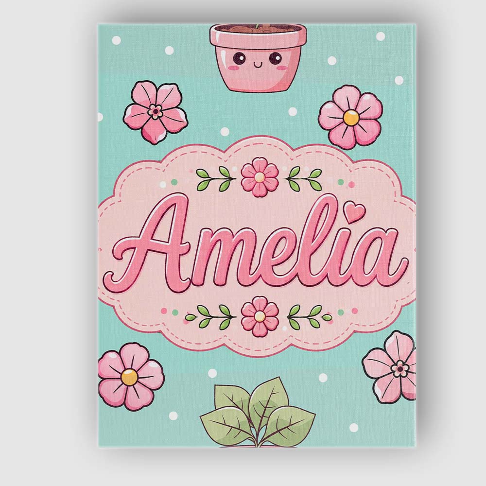 Personalised Name Cute Kawaii Floral Plants Custom Bespoke Interior Contemporary Canvas Wall Art Print Decor Picture Ready to Hang