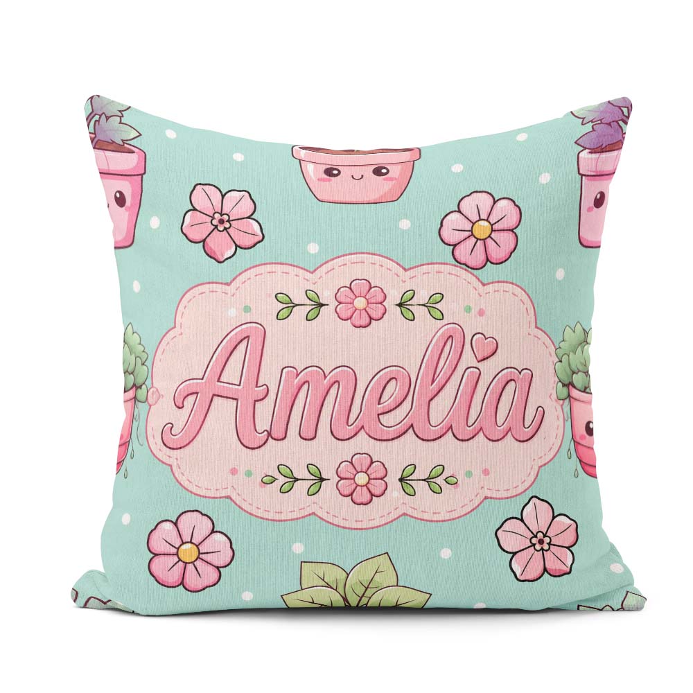 Custom Name Cute Kawaii Floral Plants Mint Seamless Pattern Name Square Filled Cushion Throw Pillow Sofa Bed Home Decor Zip Washable UK Made