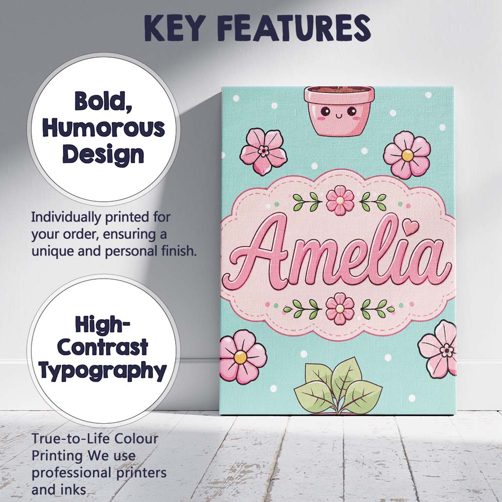 Personalised Name Cute Kawaii Floral Plants Custom Bespoke Interior Contemporary Canvas Wall Art Print Decor Picture Ready to Hang