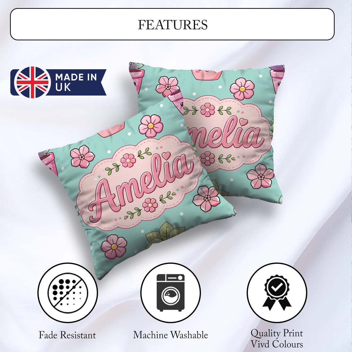 Custom Name Cute Kawaii Floral Plants Mint Seamless Pattern Name Square Filled Cushion Throw Pillow Sofa Bed Home Decor Zip Washable UK Made