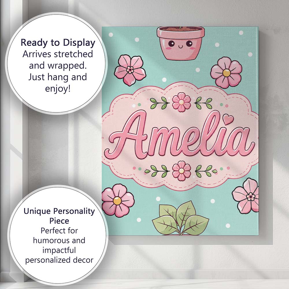 Personalised Name Cute Kawaii Floral Plants Custom Bespoke Interior Contemporary Canvas Wall Art Print Decor Picture Ready to Hang