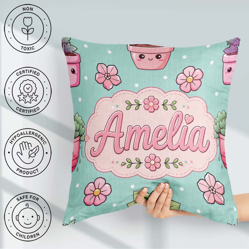 Custom Name Cute Kawaii Floral Plants Mint Seamless Pattern Name Square Filled Cushion Throw Pillow Sofa Bed Home Decor Zip Washable UK Made