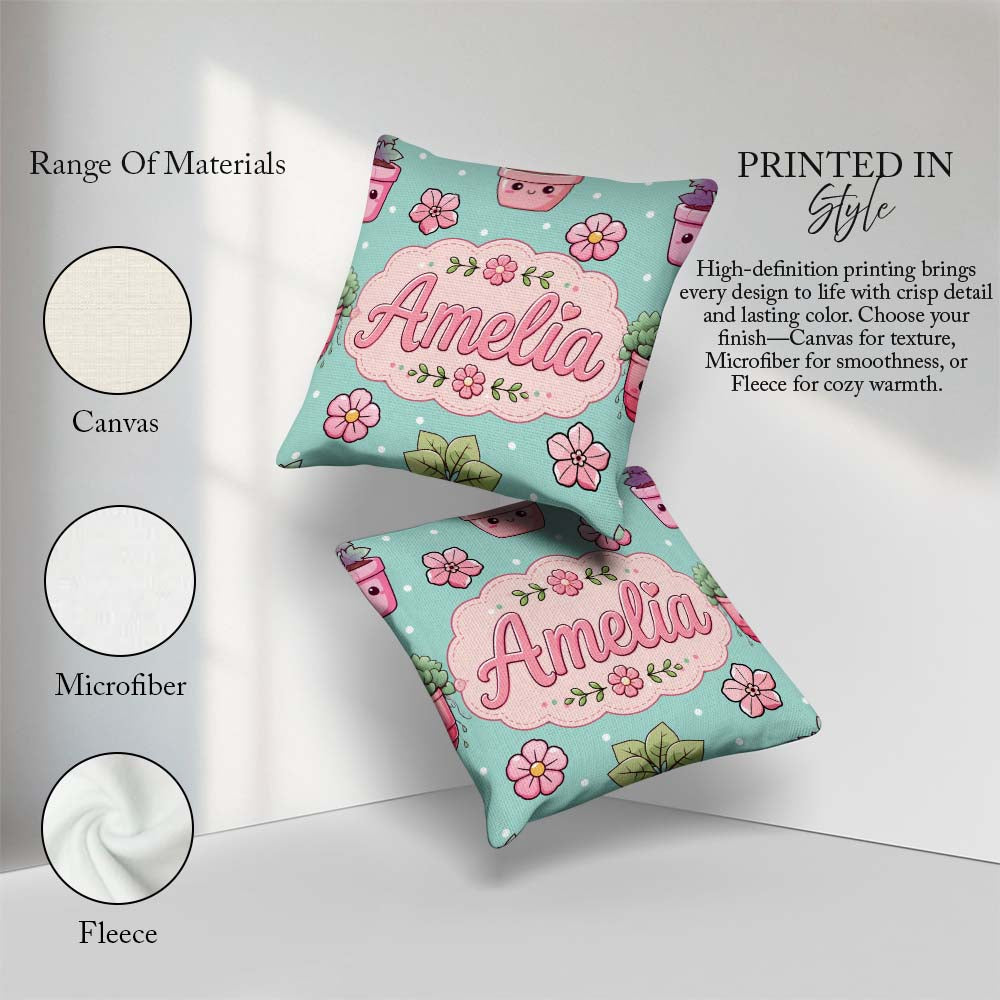 Custom Name Cute Kawaii Floral Plants Mint Seamless Pattern Name Square Filled Cushion Throw Pillow Sofa Bed Home Decor Zip Washable UK Made