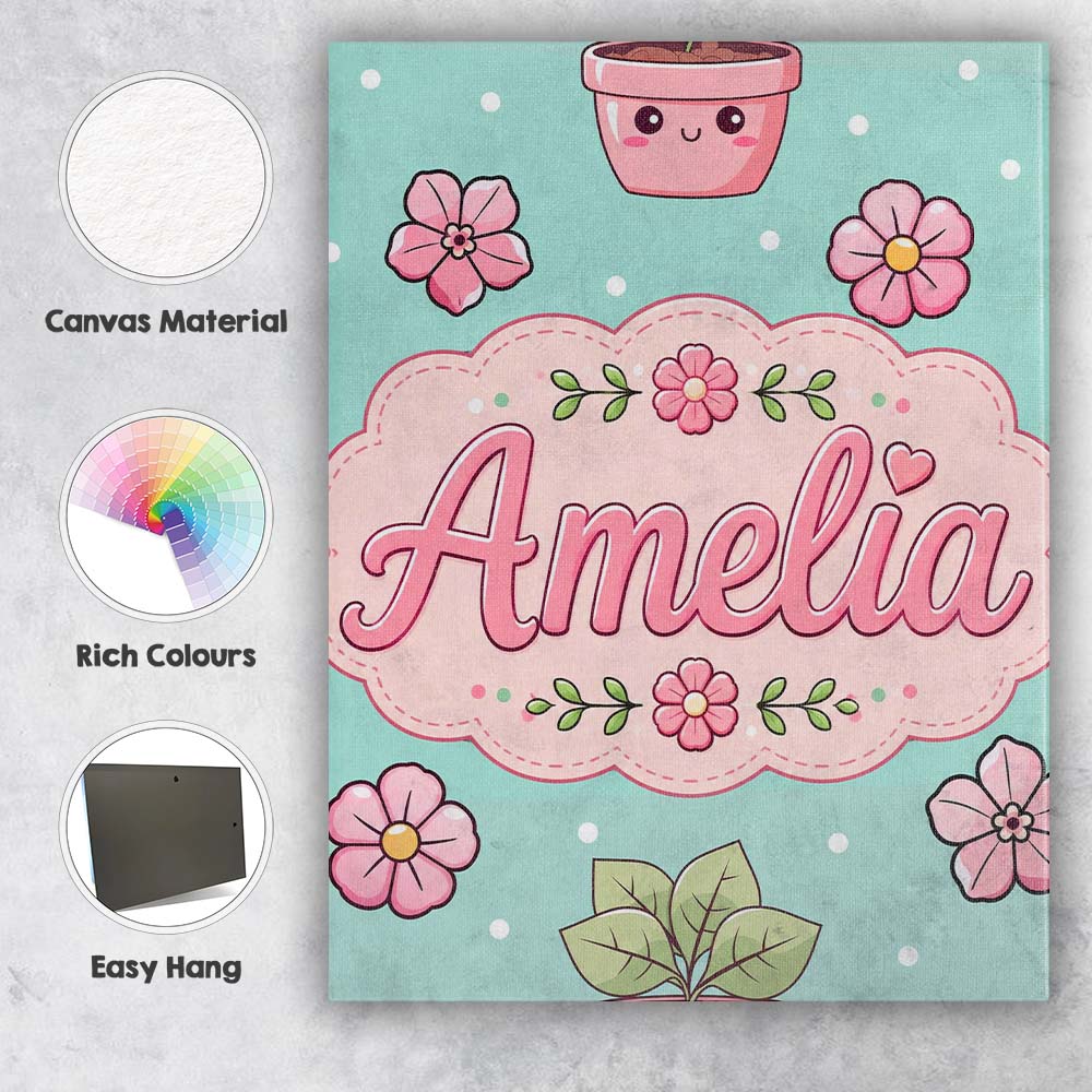 Personalised Name Cute Kawaii Floral Plants Custom Bespoke Interior Contemporary Canvas Wall Art Print Decor Picture Ready to Hang