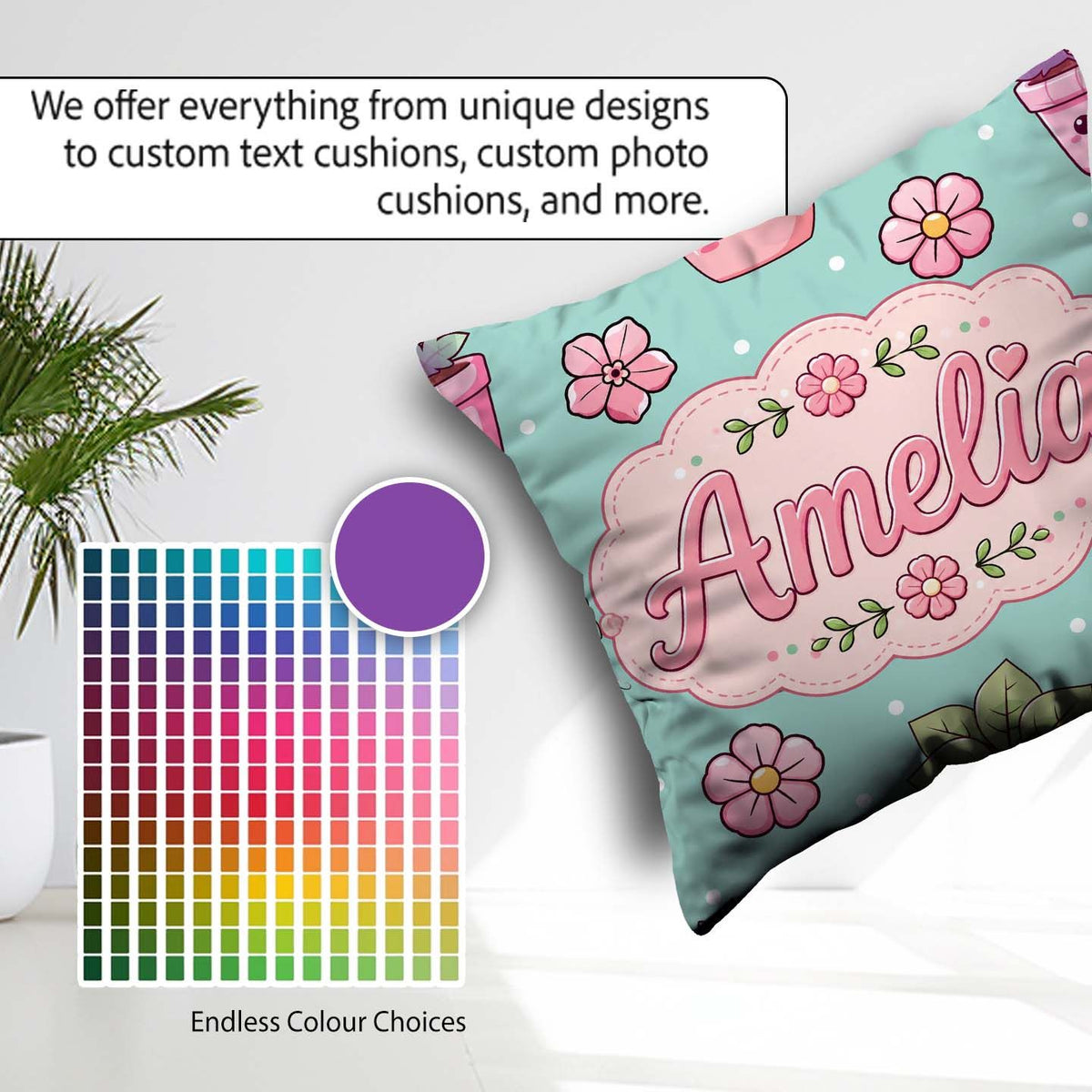 Custom Name Cute Kawaii Floral Plants Mint Seamless Pattern Name Square Filled Cushion Throw Pillow Sofa Bed Home Decor Zip Washable UK Made