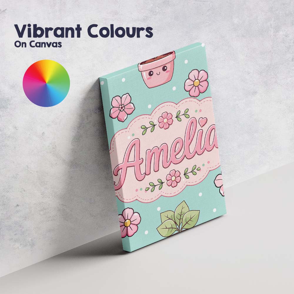 Personalised Name Cute Kawaii Floral Plants Custom Bespoke Interior Contemporary Canvas Wall Art Print Decor Picture Ready to Hang