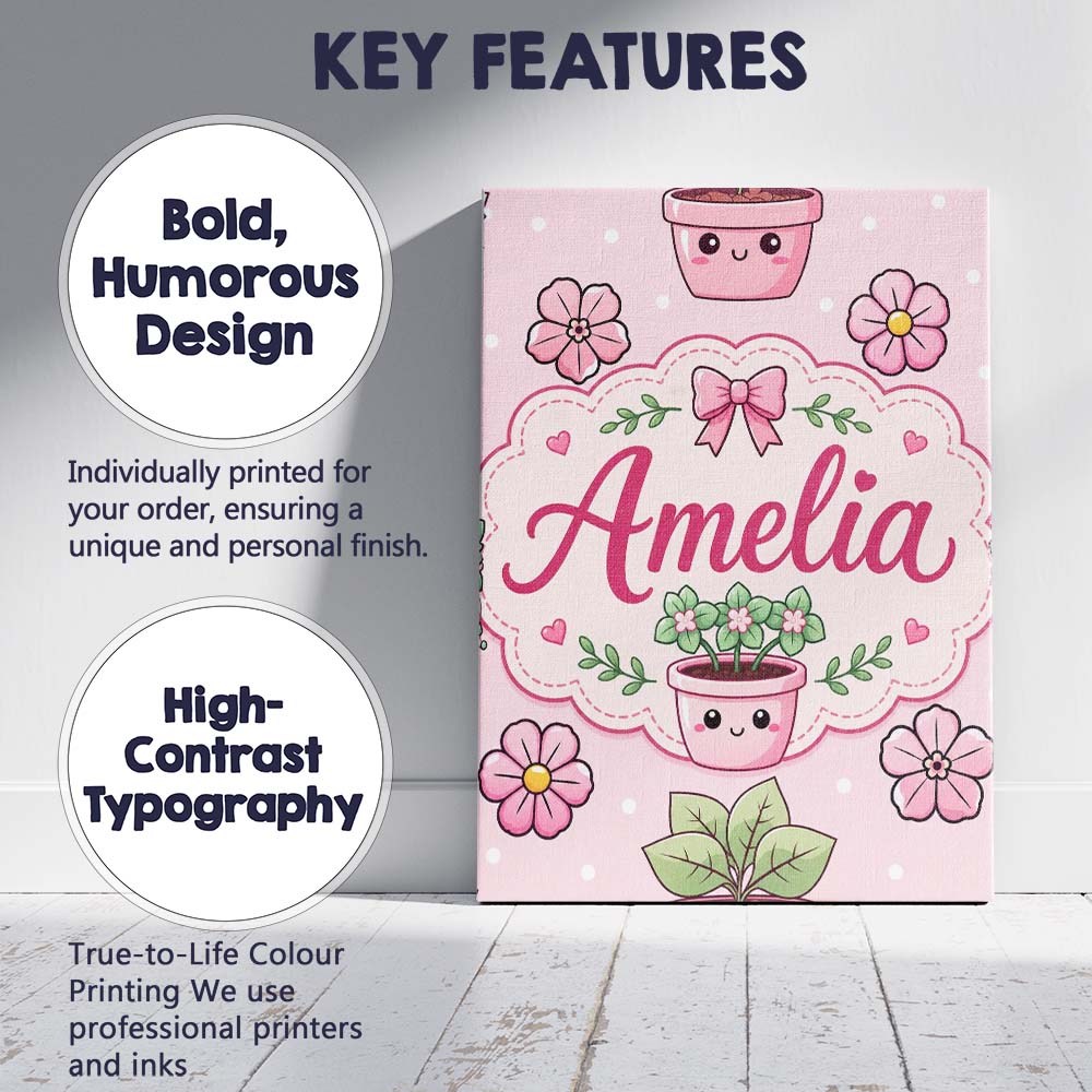 Personalised Name Cute Kawaii Floral Plants Custom Bespoke Interior Contemporary Canvas Wall Art Print Decor Picture Ready to Hang
