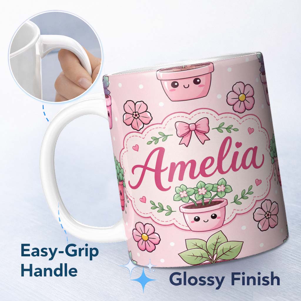 Personalized Custom Name Cute Kawaii Floral Plants Pink Background Seamless Pattern Name 11oz Ceramic Coffee Tea Mug White Large Handle
