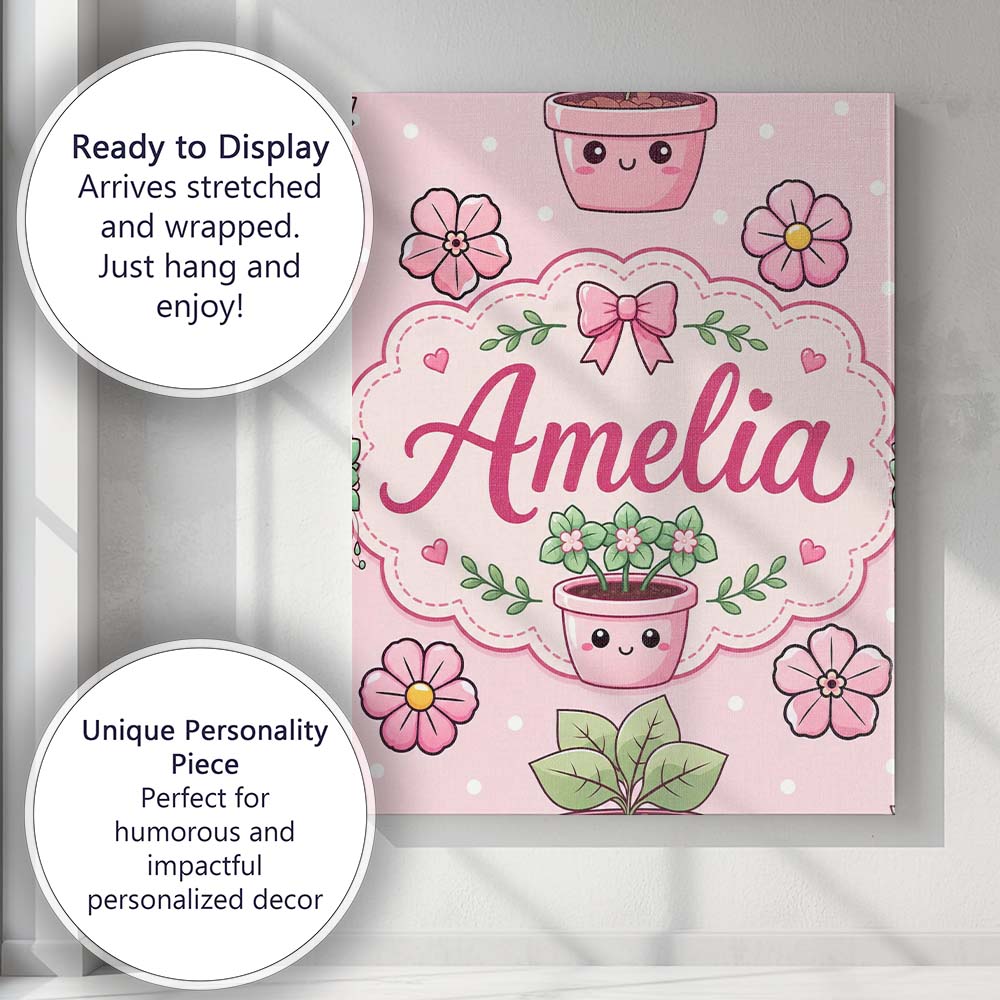 Personalised Name Cute Kawaii Floral Plants Custom Bespoke Interior Contemporary Canvas Wall Art Print Decor Picture Ready to Hang
