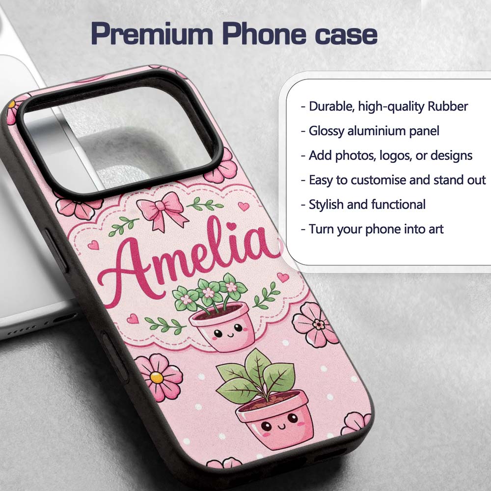 Cute Kawaii Floral Plants Pink Printed Design Custom Name Protective Phone Case Mobile Cover Durable Everyday Smartphone Shock Resistant