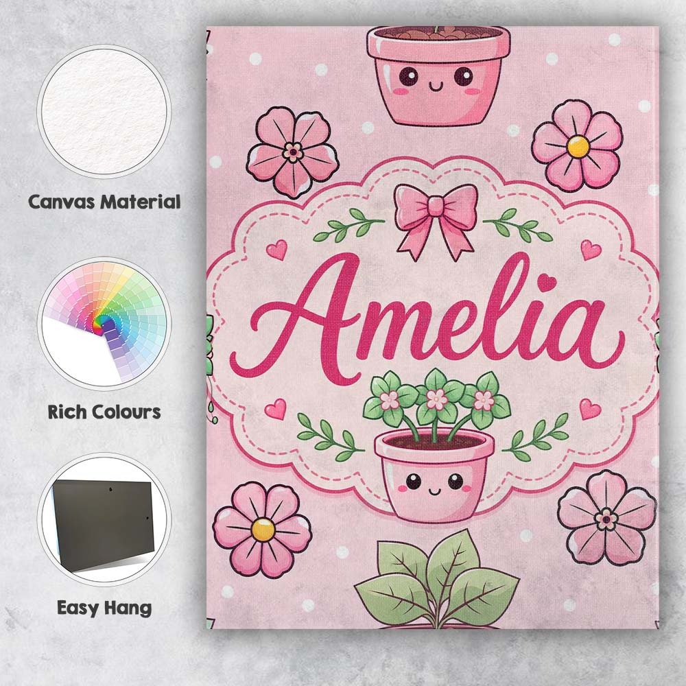 Personalised Name Cute Kawaii Floral Plants Custom Bespoke Interior Contemporary Canvas Wall Art Print Decor Picture Ready to Hang