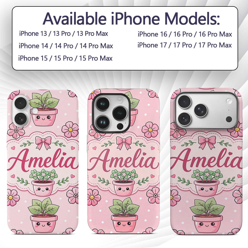 Cute Kawaii Floral Plants Pink Printed Design Custom Name Protective Phone Case Mobile Cover Durable Everyday Smartphone Shock Resistant