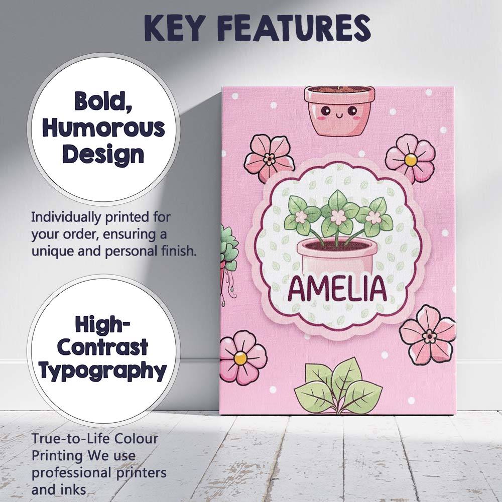 Personalised Name Cute Kawaii Floral Plants Custom Bespoke Interior Contemporary Canvas Wall Art Print Decor Picture Ready to Hang
