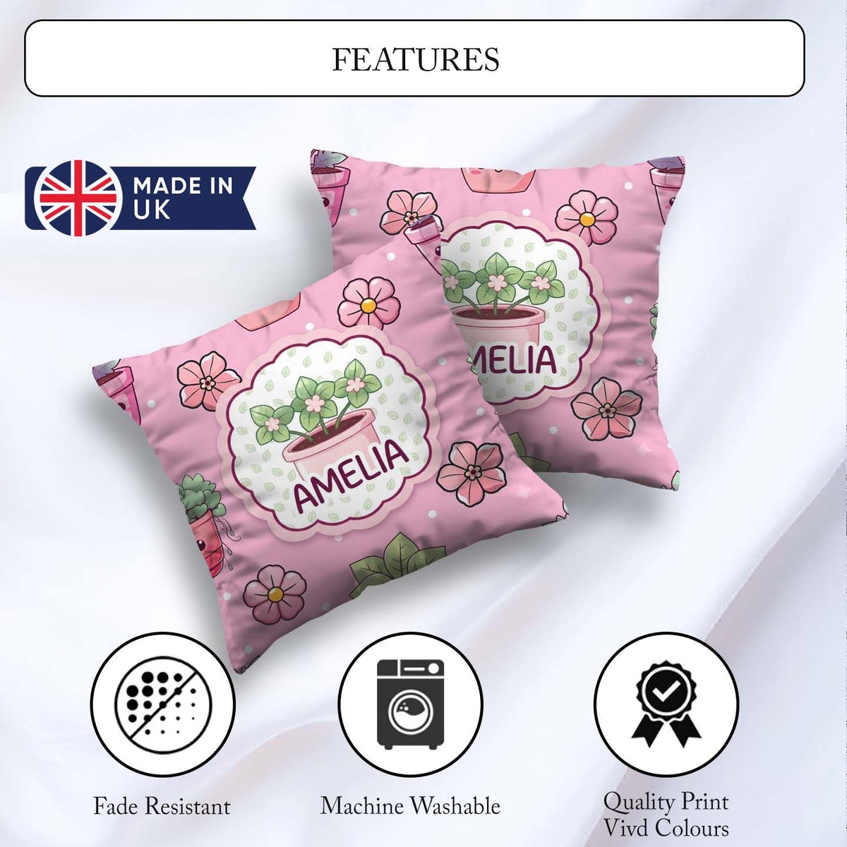Custom Name Kawaii Floral Blush Pink Background Seamless Pattern Square Filled Cushion Throw Pillow Sofa Bed Home Decor Zip Washable UK Made