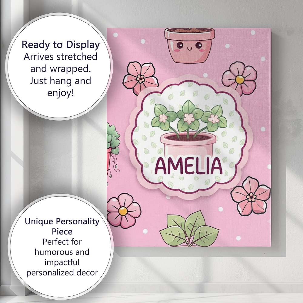 Personalised Name Cute Kawaii Floral Plants Custom Bespoke Interior Contemporary Canvas Wall Art Print Decor Picture Ready to Hang