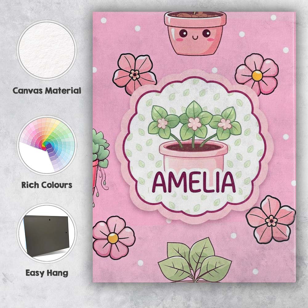Personalised Name Cute Kawaii Floral Plants Custom Bespoke Interior Contemporary Canvas Wall Art Print Decor Picture Ready to Hang