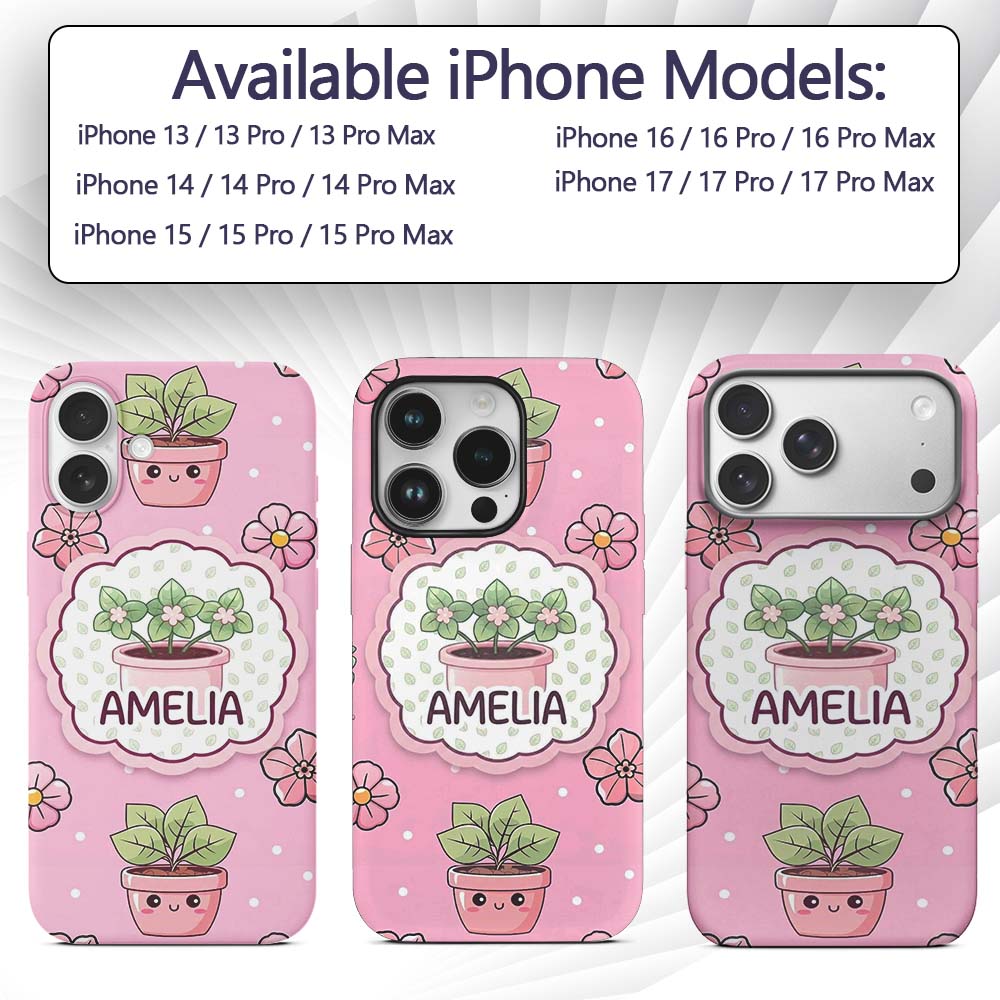Cute Kawaii Floral Plants Blush Pink Background Custom Name Protective Phone Case Mobile Cover Durable Everyday Smartphone Shock Resistant