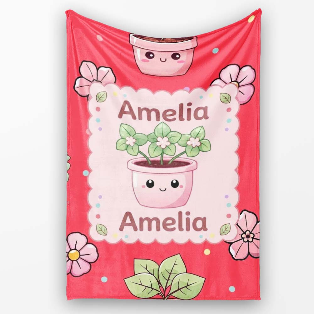 Cute Kawaii Floral Plants Red Background Seamless Pattern Name Personalised Custom Name Super Soft Fleece Blanket Bed Sofa Throw