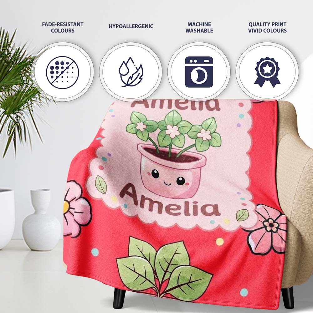 Cute Kawaii Floral Plants Red Background Seamless Pattern Name Personalised Custom Name Super Soft Fleece Blanket Bed Sofa Throw