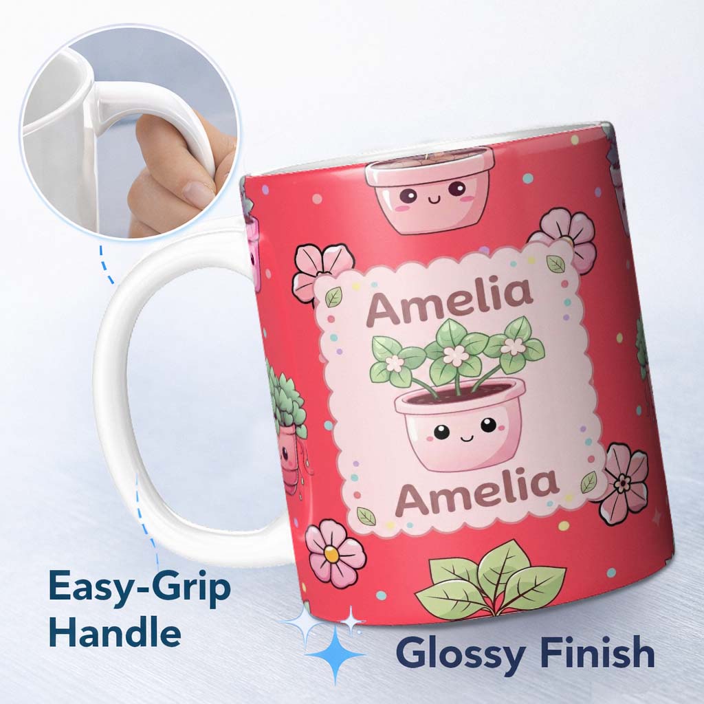 Personalized Custom Name Cute Kawaii Floral Plants Red Background Seamless Pattern Name 11oz Ceramic Coffee Tea Mug White Large Handle
