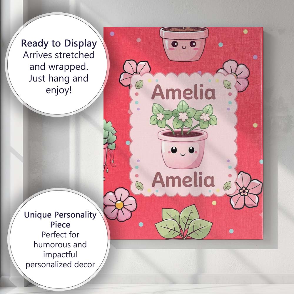 Personalised Name Cute Kawaii Floral Plants Custom Bespoke Interior Contemporary Canvas Wall Art Print Decor Picture Ready to Hang