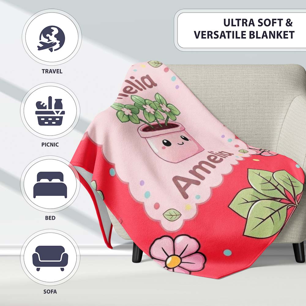 Cute Kawaii Floral Plants Red Background Seamless Pattern Name Personalised Custom Name Super Soft Fleece Blanket Bed Sofa Throw
