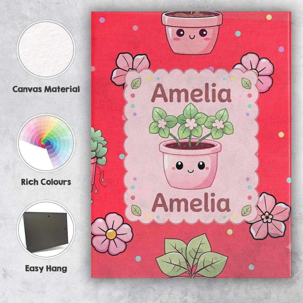Personalised Name Cute Kawaii Floral Plants Custom Bespoke Interior Contemporary Canvas Wall Art Print Decor Picture Ready to Hang