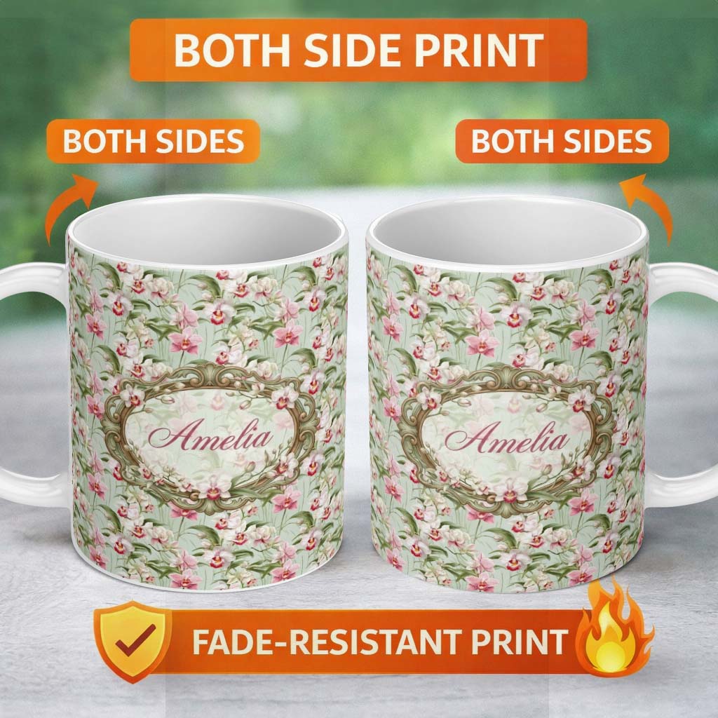 Personalized Custom Name Soft Pink and White Orchid Pattern on Light Green Background Lovely 11oz Ceramic Coffee Tea Mug White Large Handle