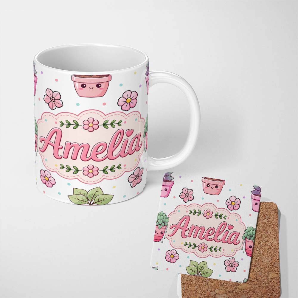 Personalized Custom Name Cute Kawaii Floral Plants Grey Background Seamless Pattern Name 11oz Ceramic Coffee Tea Mug White Large Handle