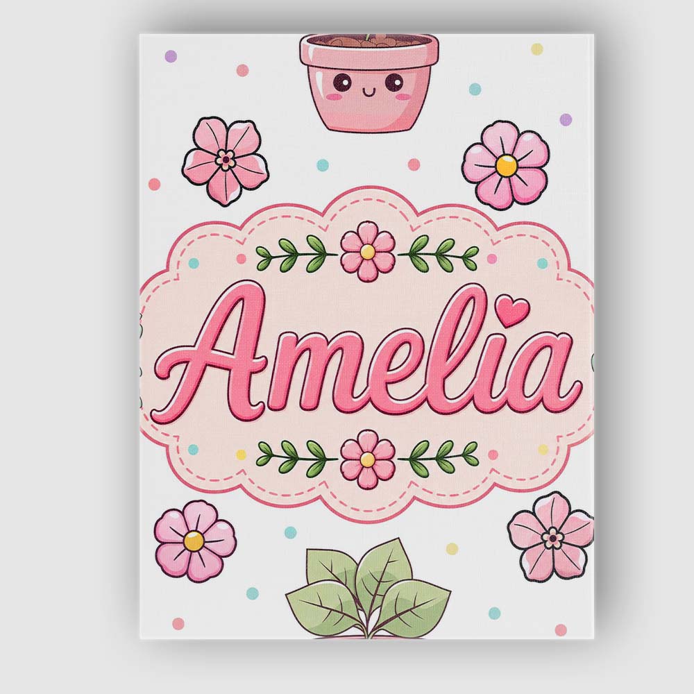 Personalised Name Cute Kawaii Floral Plants Custom Bespoke Interior Contemporary Canvas Wall Art Print Decor Picture Ready to Hang