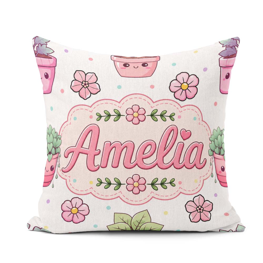 Custom Name Cute Kawaii Floral Plants Grey Seamless Pattern Name Square Filled Cushion Throw Pillow Sofa Bed Home Decor Zip Washable UK Made
