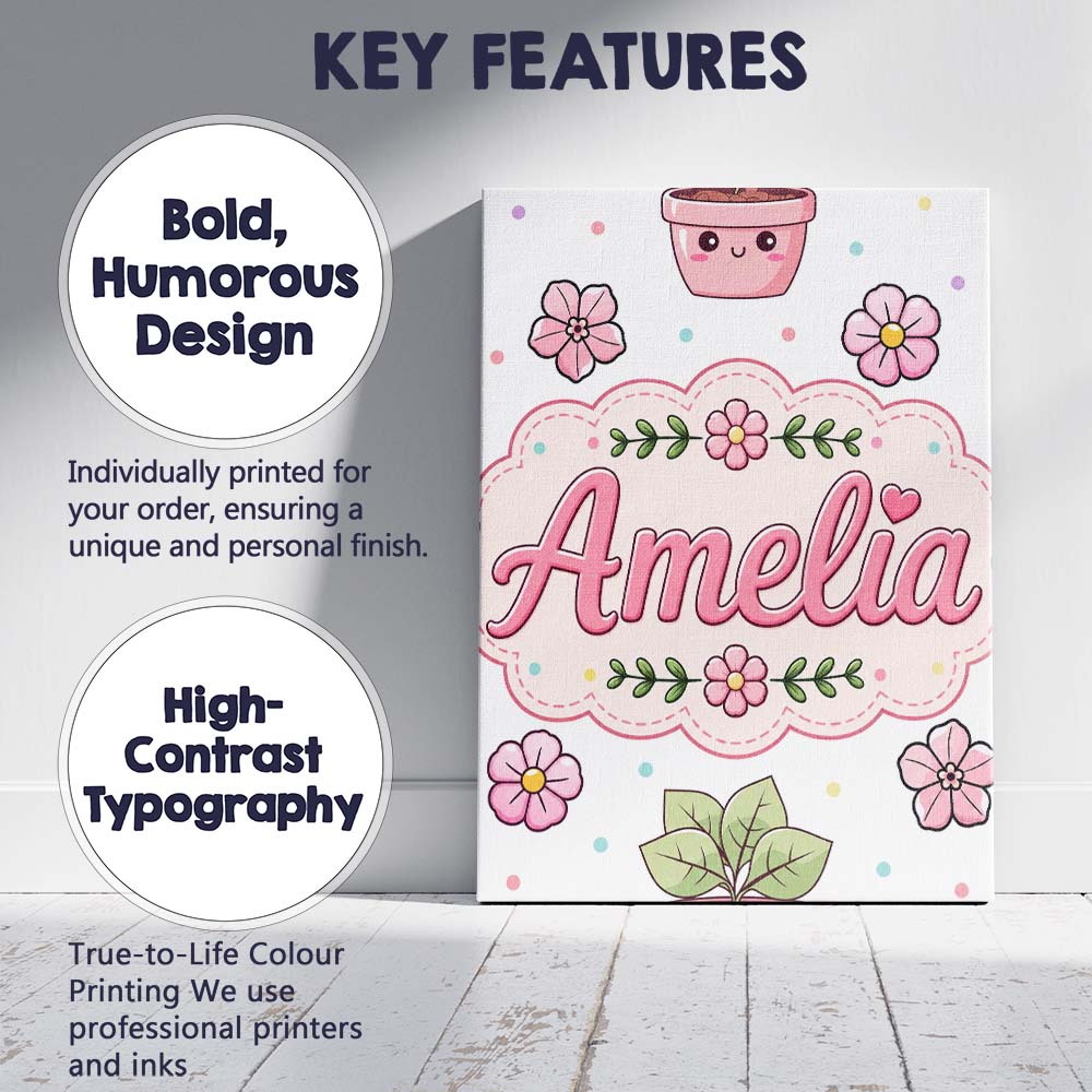 Personalised Name Cute Kawaii Floral Plants Custom Bespoke Interior Contemporary Canvas Wall Art Print Decor Picture Ready to Hang