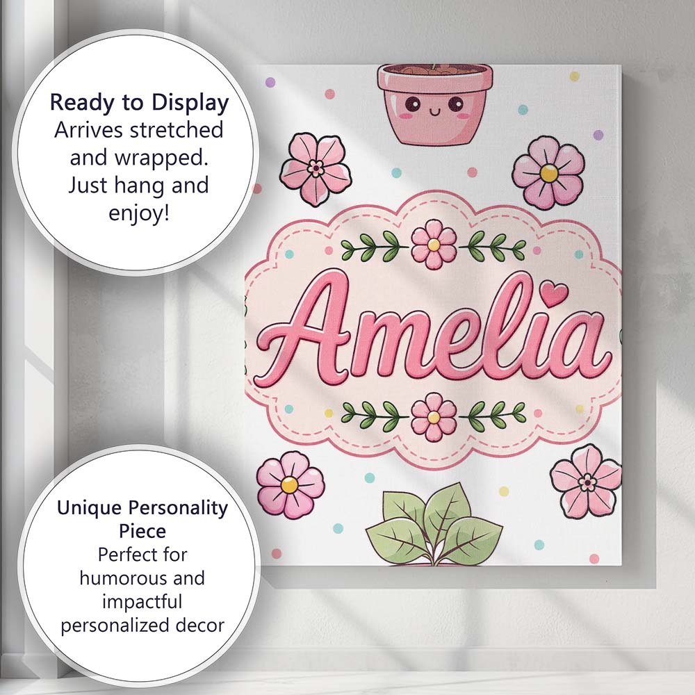 Personalised Name Cute Kawaii Floral Plants Custom Bespoke Interior Contemporary Canvas Wall Art Print Decor Picture Ready to Hang