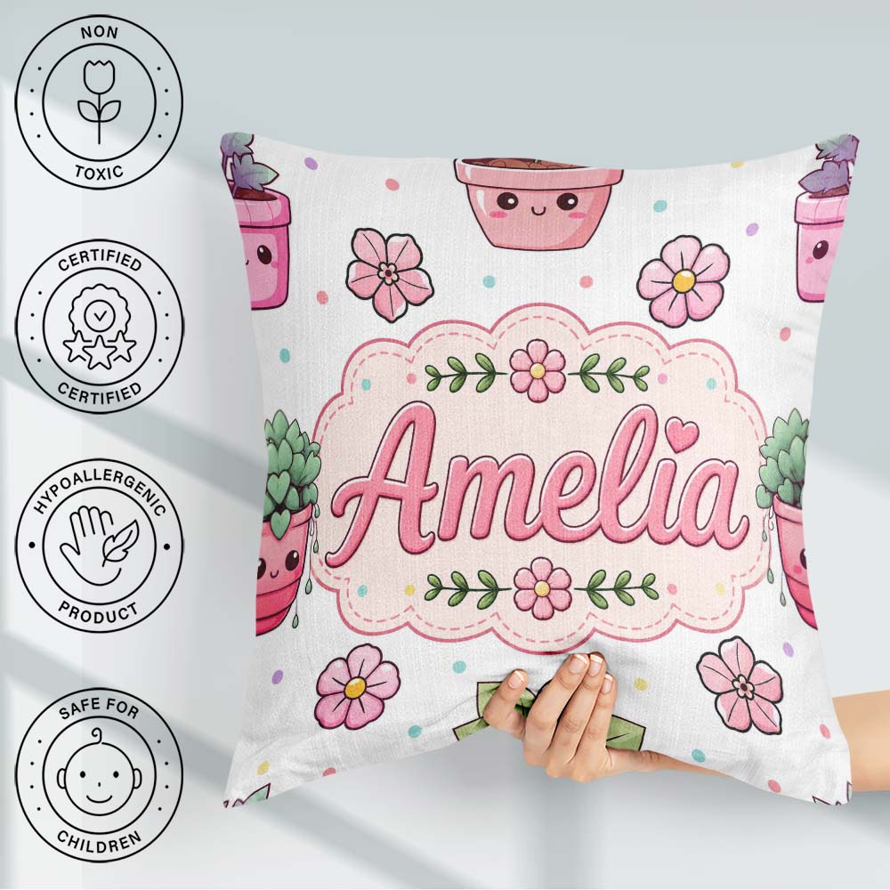 Custom Name Cute Kawaii Floral Plants Grey Seamless Pattern Name Square Filled Cushion Throw Pillow Sofa Bed Home Decor Zip Washable UK Made