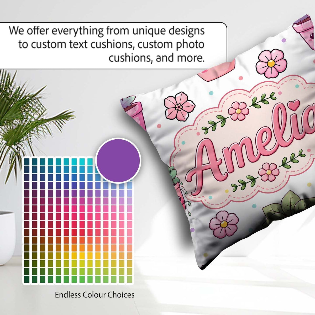 Custom Name Cute Kawaii Floral Plants Grey Seamless Pattern Name Square Filled Cushion Throw Pillow Sofa Bed Home Decor Zip Washable UK Made
